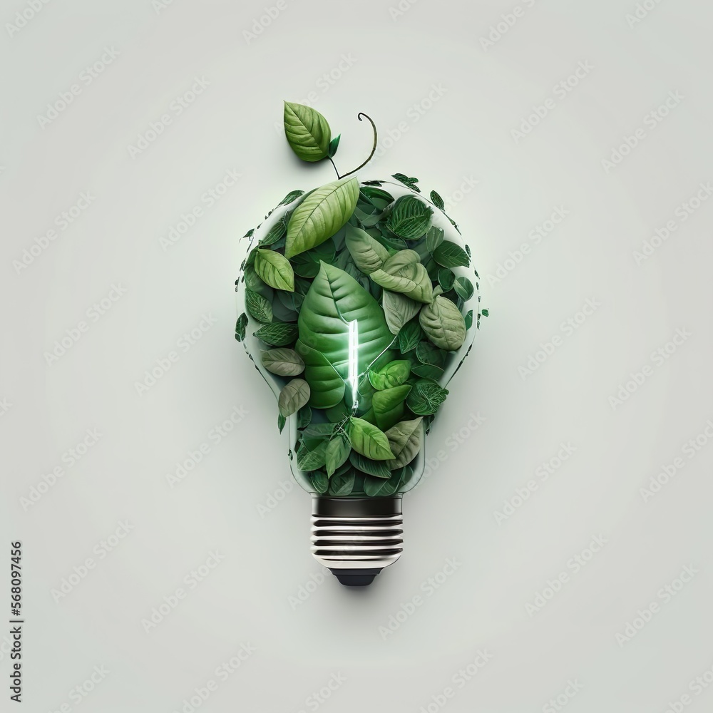 Environnement écologique ampoule et feuilles vertes fraîches, concept