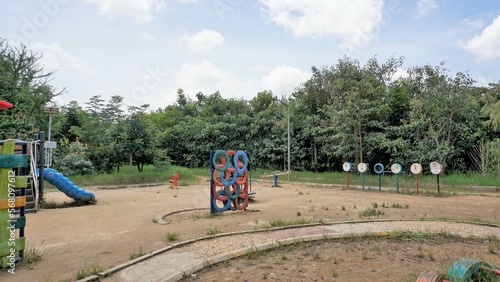 Bangalore,Karnataka,India-October 04 2022: Colorful Kids playing equipment in Agara Lake park.
