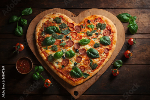 Valentine's Day cuisine. Pizza in the form of a heart with green basil on a wooden table, top view. Generative AI