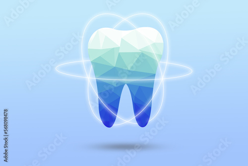 Blue and white tooth with low polygon and with glowing effect. 3d Tooth polygonal illustration. Dentistry services mesh and teeth protection concept.