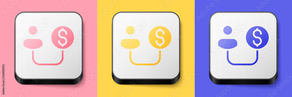 Isometric Human and money icon isolated on pink, yellow and blue background. Concept of attracting investments. Big business profit attraction and success. Square button. Vector Isometric Human and money icon isolated on pink, yellow and blue background. Concept of attracting investments. Big business profit attraction and success. Square button. Vector