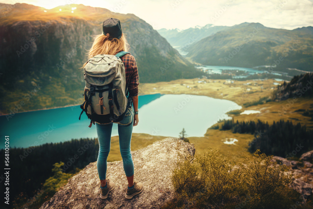 Blond girl with backpack standing on a high rock looking into the valley at a lake, generative ai