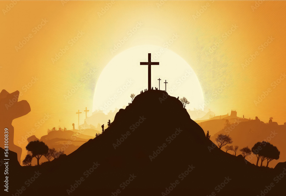 Easter morning's golgotha hill with the cross silhouettes and a background of the resurrection in the sunshine is an abstract background with text copy space. Generative AI