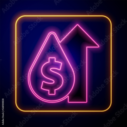Glowing neon Oil price increase icon isolated on black background. Oil industry crisis concept. Vector