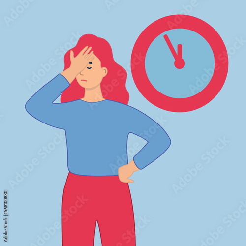 Woman with big clock. Time management. Efficiency in business, work productivity. Concept lack of time.