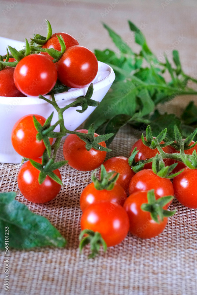 Cherry tomatoes, Bunch of fresh, red tomatoes with green stems, Selective focus. Cherry tomatoes, Bunch of fresh, red tomatoes with green stems, Selective focus.