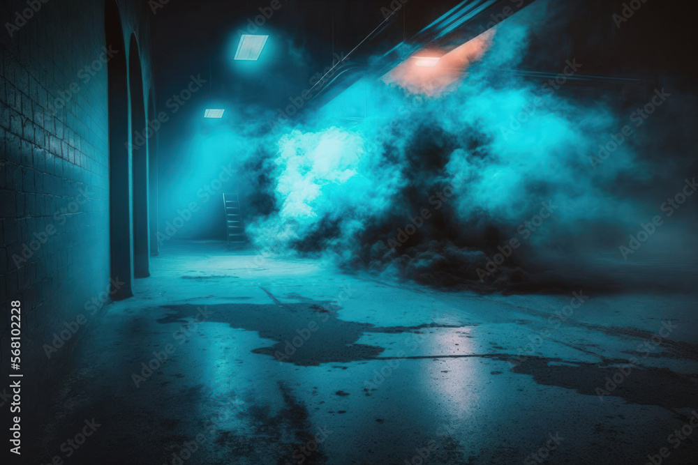 The studio room's interior texture for product displays is smoke floating up from the concrete floor. Dark roadway, asphalt, an empty scene in the shadows, neon lights, and spotlights. Generative AI The studio room's interior texture for product displays is smoke floating up from the concrete floor. Dark roadway, asphalt, an empty scene in the shadows, neon lights, and spotlights. Generative AI