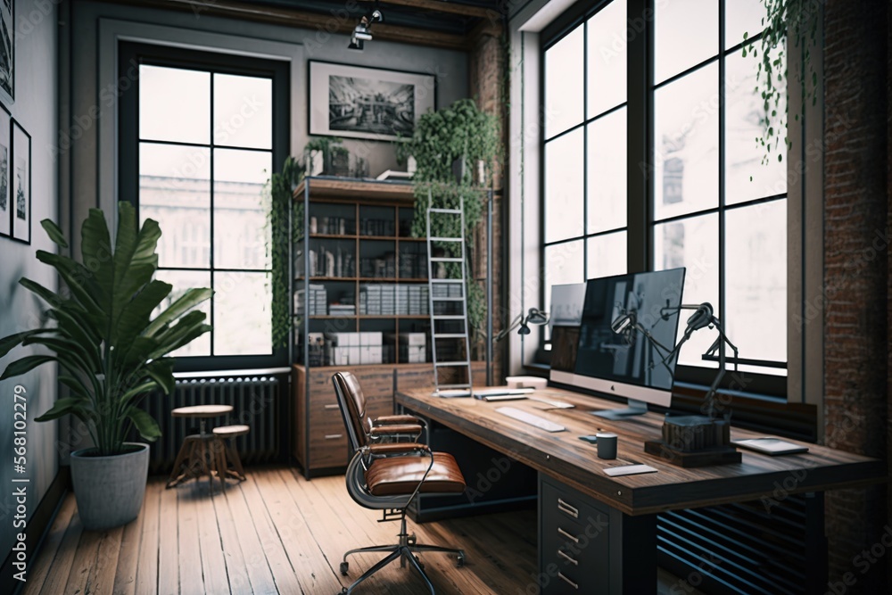 open space workspace flexible office decorated with biophilic modern loft industrial design. Generative AI open space workspace flexible office decorated with biophilic modern loft industrial design. Generative AI