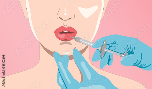 Cosmetologist does lip augmentation procedure of a beautiful woman. Cosmetology concept. vector image