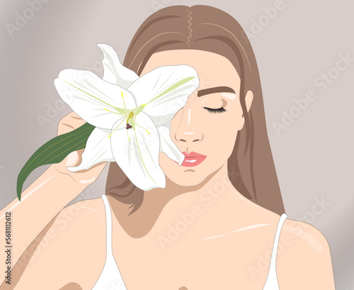 illustration. Portrait of an attractive girl with healthy clean skin and beautiful makeup. She holds a white lily near her face. Aesthetic cosmetology and make-up concept.