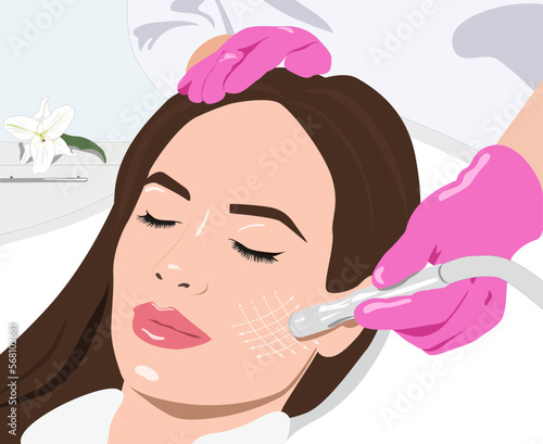 The cosmetologist makes the procedure Microdermabrasion of the face skin of a beautiful girl in a beauty salon.Cosmetology and professional skin care. illustration