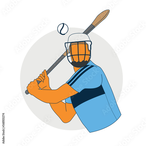 Illustration of Irish hurling player prepare to hit a sliotar ball with a hurl wooden bat. Traditional sport played in Ireland. Celtic and Gaelic sport. photo