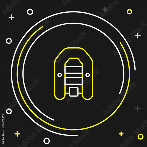 Line Inflatable boat with outboard motor icon isolated on black background. Colorful outline concept. Vector