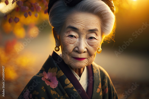 Obraz na plátne An old japanese woman dressed in the traditional geisha style wearing a kimono with a floral pattern