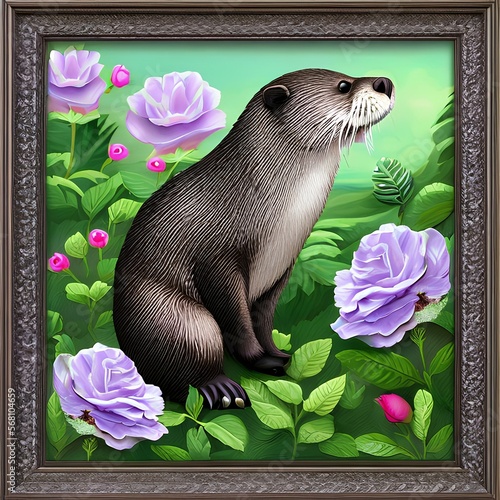 A whimsical otter with a rock made of a blooming rose3, Generative AI photo