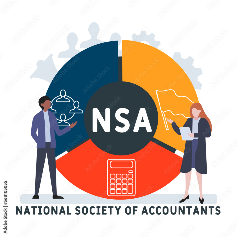 NSA - National Society of Accountants acronym. business concept background. vector illustration concept with keywords and icons. lettering illustration with icons for web banner, flyer, landing NSA - National Society of Accountants acronym. business concept background. vector illustration concept with keywords and icons. lettering illustration with icons for web banner, flyer, landing