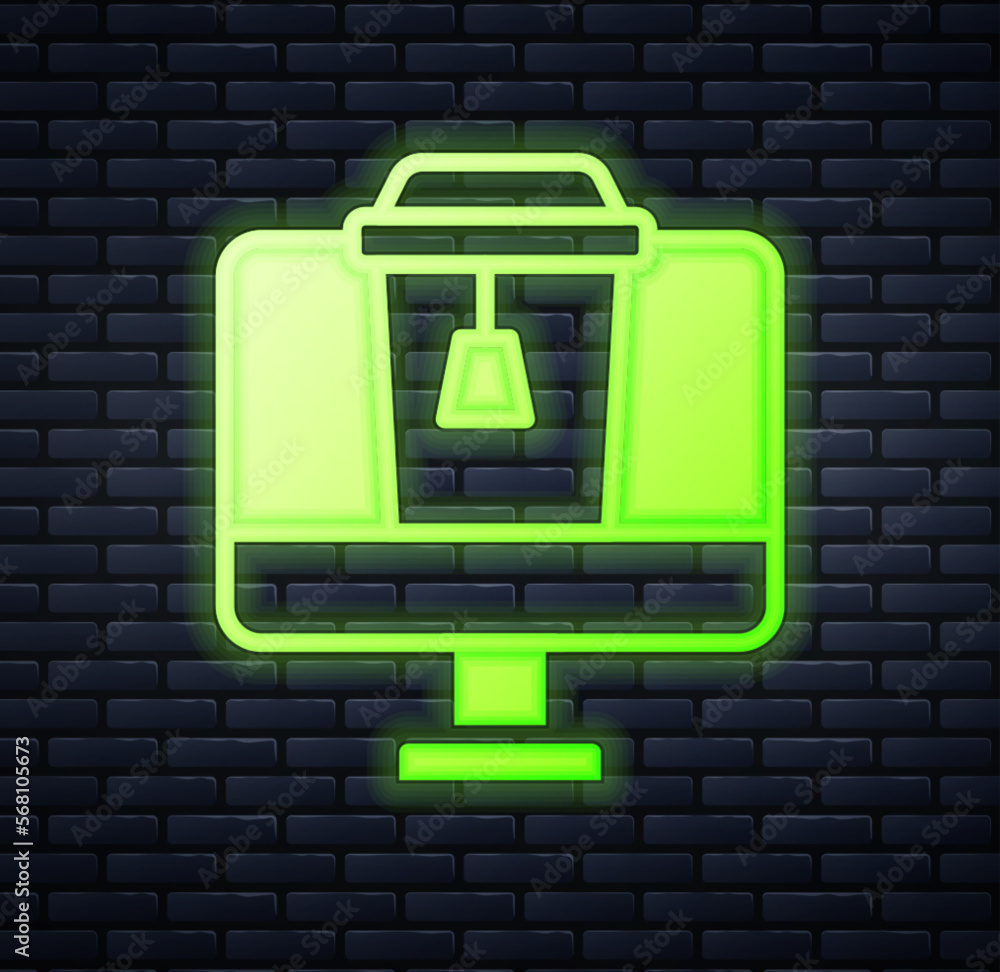 Glowing neon Online ordering and fast food delivery icon isolated on brick wall background. Vector Glowing neon Online ordering and fast food delivery icon isolated on brick wall background. Vector