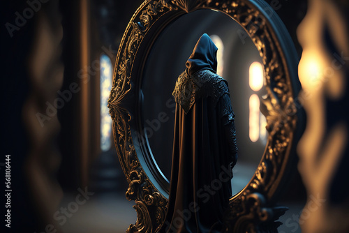 person in mantle standing infront of lagre mirror portrait to magical world