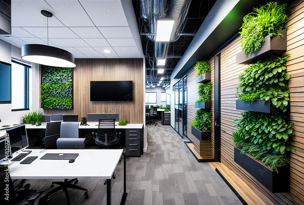 Office interior design, plants, industrial, exposed ductwork. Generative AI Office interior design, plants, industrial, exposed ductwork. Generative AI