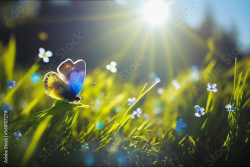 Butterfly on purple white violet red flowers in field of grass in sunlight, lens flare. Spring summer fresh artistic image of beauty morning nature. Selective soft focus.