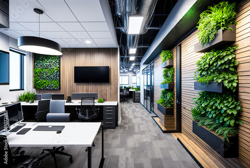 Office interior design, plants, industrial, exposed ductwork. Generative AI photo
