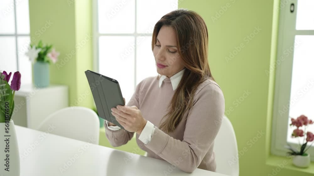 Young beautiful hispanic woman using touchpad sitting on table at home Young beautiful hispanic woman using touchpad sitting on table at home