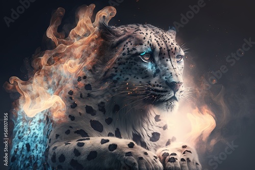  a white leopard with blue eyes sitting on a rock with a flamey tail on its back and a black background with a black background.  generative ai photo