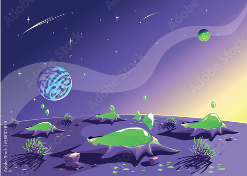 Planet in green slime. Space background with the image of the planet's surface covered with craters and green slime on the starry sky in cartoon style and copy space for text. Space landscape. Vector