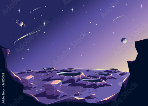 Space landscape depicting the surface of the planet in craters, starry sky and planets in cartoon style. Space horizontal vector illustration background.