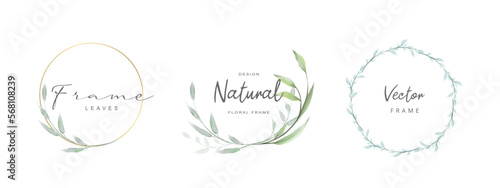 Floral frames. Elegant vintage wreath with watercolor leaves and golden line. Vector illustration for labels, corporate identity, wedding invitations