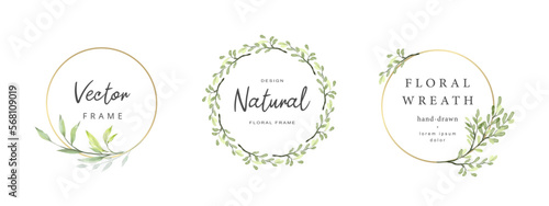 Floral frames. Elegant vintage wreath with watercolor leaves and golden line. Vector illustration for labels, corporate identity, wedding invitations
