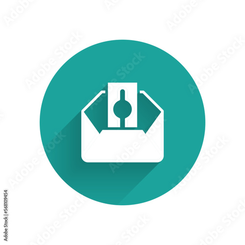 White Donate or pay your zakat as muslim obligatory icon isolated with long shadow background. Muslim charity or alms in ramadan kareem before eid al-fir. Green circle button. Vector