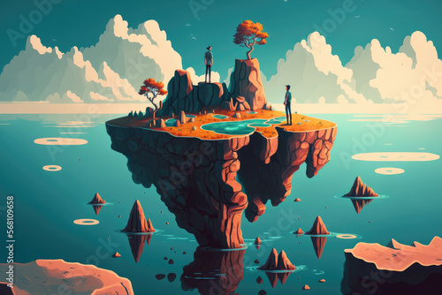 Illustration artwork of a strange landscape with a guy standing on a rocky rock and gazing at floating islands. Generative AI