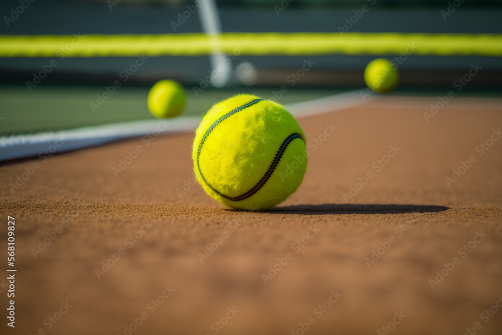 A vibrant yellow tennis ball at the center of the court, Generative AI