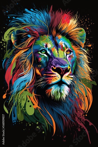 Vibrant colors lion head  painting portrait artwork style over black background. Generative AI vertical illustration