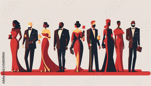 People in a row during evening wear on red carpet. Awards Ceremony banner. Flat design illustration. Generative AI illustration