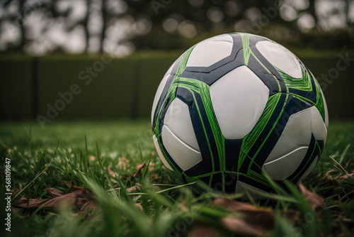 Soccer ball on a vibrant green grass field, Generative AI