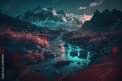Stunning landscape of river and snow capped mountains with iridescent colors. Grading dreamlike palette. Generative AI illustration © Pajaros Volando