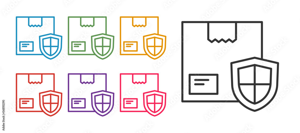 Set line Delivery security with shield icon isolated on white background. Delivery insurance. Insured cardboard boxes beyond the shield. Set icons colorful. Vector Set line Delivery security with shield icon isolated on white background. Delivery insurance. Insured cardboard boxes beyond the shield. Set icons colorful. Vector