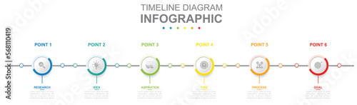 Infographic business template. 6 Steps Modern Timeline diagram with title circle topics. Concept presentation.