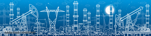 Power plant, petroleum industry. Energy outlines illustration panorama, urban night scene. Pipes and power lines. Factory infrastructure. Vector design art