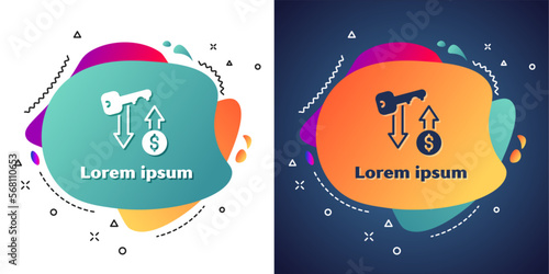 White Rent key icon isolated on white and blue background. The concept of the house turnkey. Abstract banner with liquid shapes. Vector