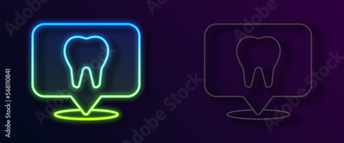 Glowing neon line Dental clinic location icon isolated on black background. Vector