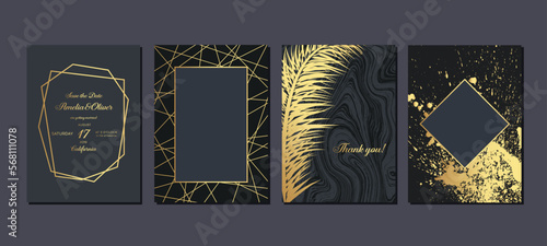 Modern black cover, frame design set. Luxury holiday creative line pattern and golden stars.