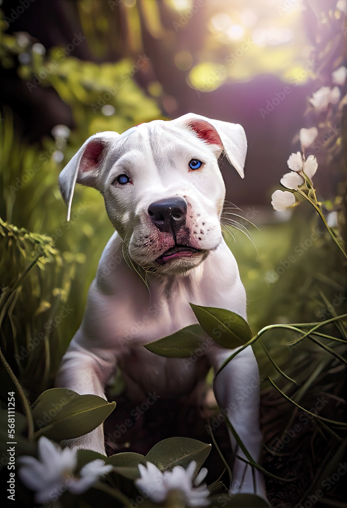 Dogo Argentino puppy playing in the grass, Generative AI