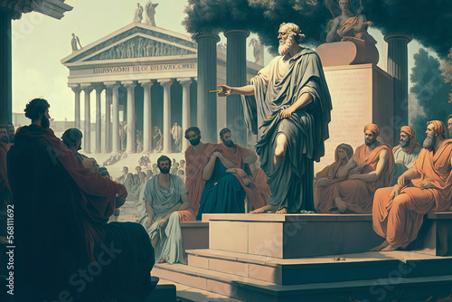 the trial of Socrates in the agora, as depicted by Plato. It shows the philosopher standing in front of a group of judges and citizens, with an expression of calm and wisdom.  Generative AI. photo