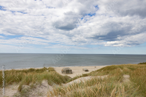 Fototapeta Naklejka Na Ścianę i Meble -  German bunkers from World War II on Sandy beach by Husby town. Populated place, Holstebro, Region Midtjylland, Denmark, Scandinavia, Europe