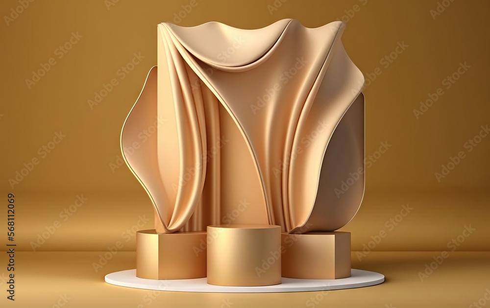 Golden pastel background for beauty products with a podium and a pedestal for product photography. Ideal shapes to highlight the merits of your product or logo. Based on Generative AI Golden pastel background for beauty products with a podium and a pedestal for product photography. Ideal shapes to highlight the merits of your product or logo. Based on Generative AI