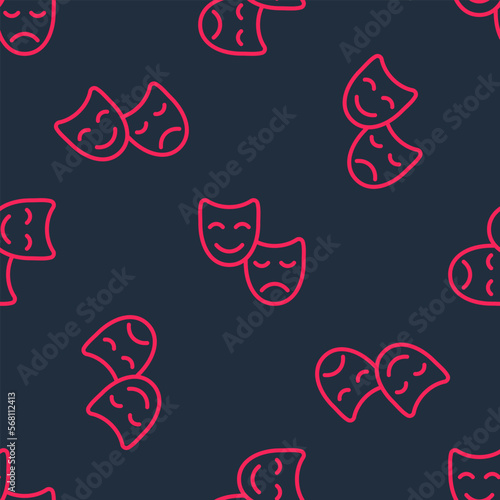 Red line Comedy and tragedy theatrical masks icon isolated seamless pattern on black background. Vector