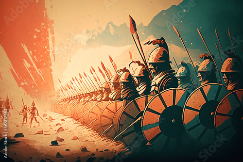 Ancient greek civilization, Battle of Roman soldiers against Greek phalanx. Generative AI. photo
